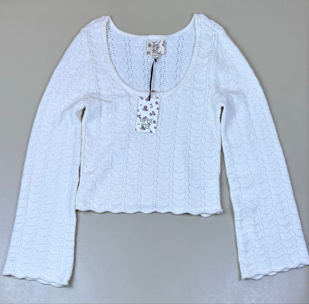 Hippie Rose Women’s Medium White Pointelle Knit Cropped Sweater Top NWT